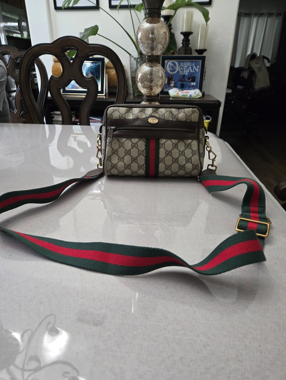 Gucci Beige GG Monogram Crossbody with Green and Red Web Stripe